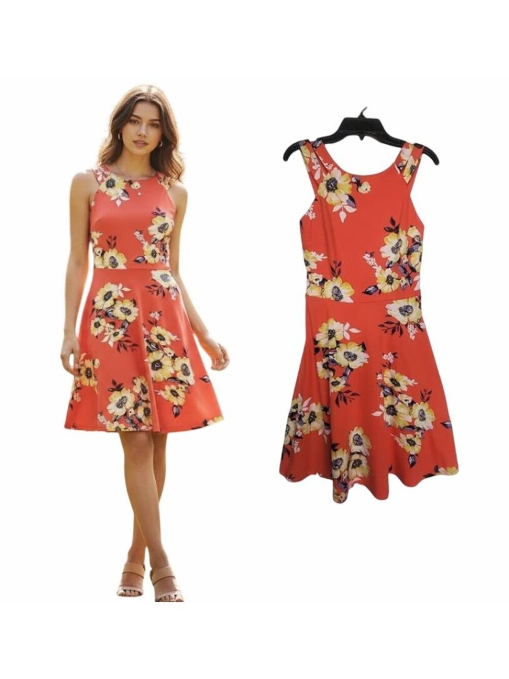 ⭐Women dress XS IZ Byer Red Floral 2 Strapped Sundress stretch Midi A line New⭐